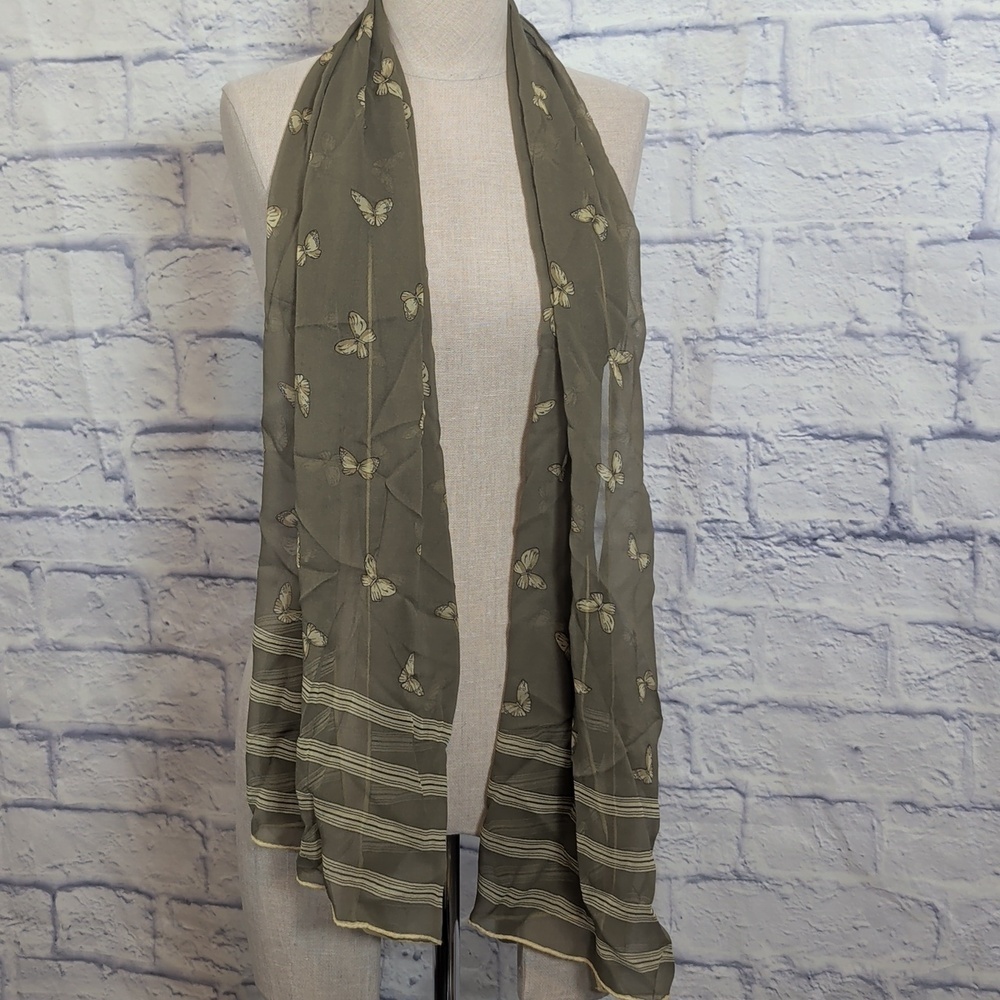 Jaeger Vintage Olive Green Butterfly Scarf - Picture 2 of 3